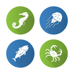 Sea animals flat design long shadow glyph icons set. Swimming tuna, crab, seahorse, jellyfish. Seafood restaurant menu. Marine fauna. Undersea world inhabitants. Vector silhouette illustration