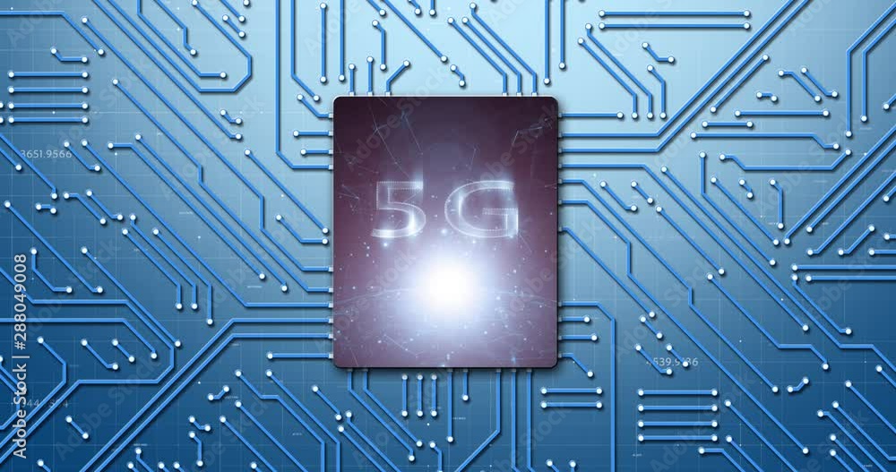 Poster computer circuit motherboard with 5g next generation mobile network chip.
