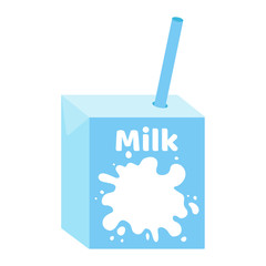 Milk box, drink for children. White splash. Natural breakfast, snack with vitamins from cow. Healthy food for kids. Vector illustration on white background