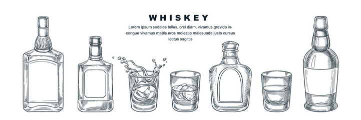 Whiskey bottles and glass, vector sketch illustration. Scotch, brandy or liquor alcohol drinks. Bar menu design elements