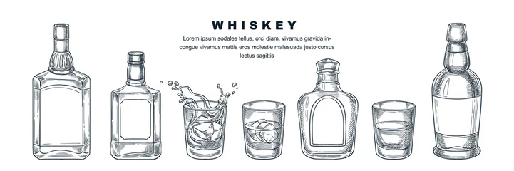 Foto op Aluminium Whiskey bottles and glass, vector sketch illustration. Scotch, brandy or liquor alcohol drinks. Bar menu design elements © Qualit Design