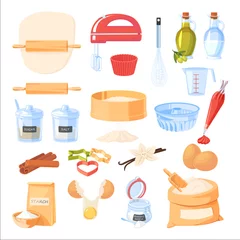 Fototapete Küche Backzutaten und Küchenutensiliensymbole. Vektor-flache Cartoon-Illustration. Koch- und Rezeptgestaltungselemente
