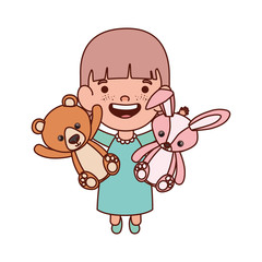 cute little girl baby with stuffed bear and rabbitt