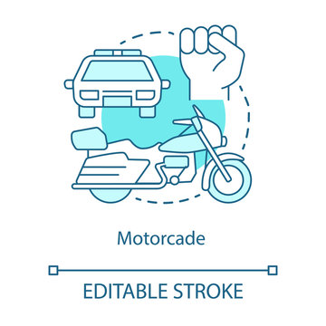Motorcade concept icon. Vehicles procession idea thin line illustration. Police car, motorcycle and fist vector isolated outline drawing. Political transportation, security convoy. Editable stroke