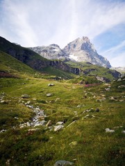 Fototapeta na wymiar Landscape in the mountains - Monte Cervino - Matterhorn mountains , Rifugio Duca degli Abruzzi L`Orionde, in Breuil-Cervinia, Italy