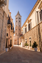 Fototapeta na wymiar Italy, Apulia, Province of Barletta-Andria-Trani, Trani. View down a street to San Nicola Pellegrino cathedral
