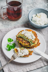 Zucchini parmesan pancakes with dip
