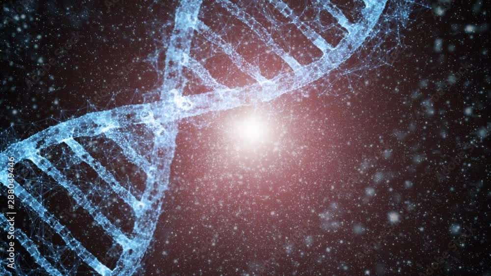 Poster abstract digital rotating dna molecule on futuristic shiny cyberspace background.