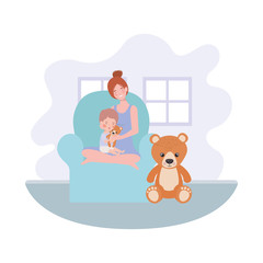 cute pregnancy mother with little boy seated in sofa