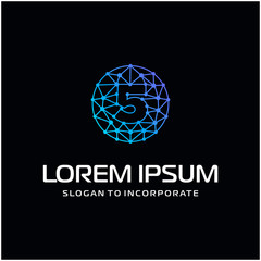 Number 5 Logo Design Template. Technology Digital logo . negative space, line, chip, Artificial Intelligence, concept. network icon, connection concept - Vector