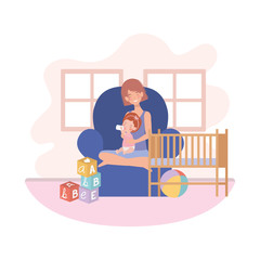 cute pregnancy mother with little girl seated in sofa