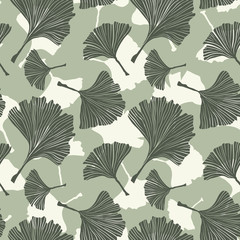 Ginkgo Biloba Botany Plant, Line art Pale Sage Colored Leaves on Ivory Background. Health Monochrome Pattern. Ayurvedic Medicine Theme. Vector Illustration for Wallpaper or Textile Design