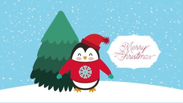 happy merry christmas card with cute penguin