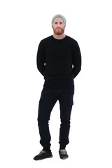 in full growth. smiling bearded man looking at copy space