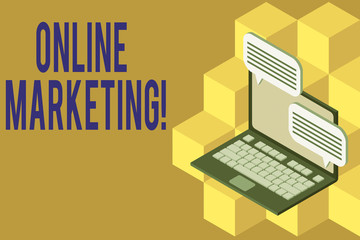 Handwriting text Online Marketing. Conceptual photo leveraging web based channels spread about companys brand Laptop receiving sending information conversation texting internet wireless