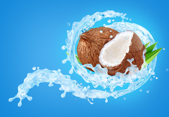 Cold pure coconut water with fresh coconut and waves splash isolated on blue. Fresh coconut water drink 3D wave swirls design elements. Healthy nutrition flavored detox drink splash with coconut water