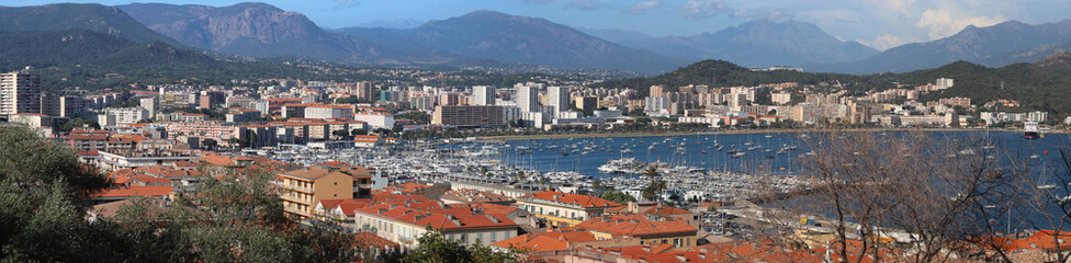 The panoramic view Ajaccio houses and marina port , Corsica, France.