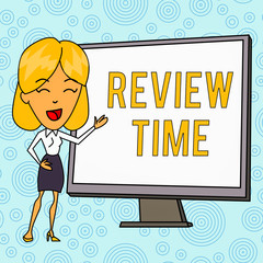 Word writing text Review Time. Business photo showcasing to think or talk about something again Set schedule to review White Female in Standing Pointing Blank Screen Whiteboard Presentation