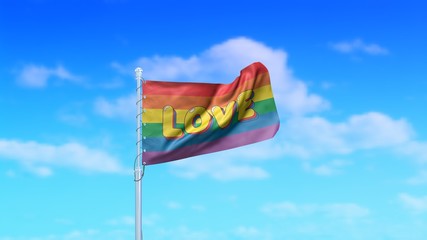 Rainbow flag with word love. Romantic symbol of lgbt pride. 3d illustration