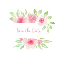 Wedding invitation, save the date card design with light watercolor pink flowers in geometrical frame