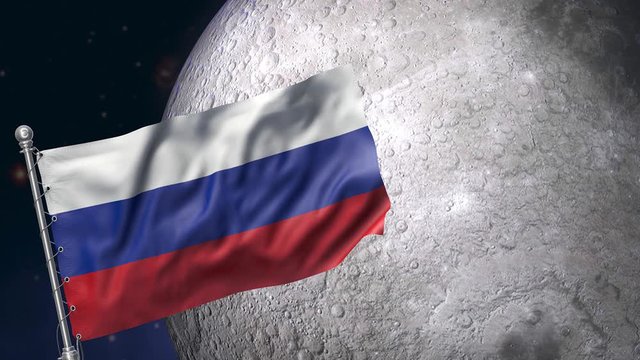 Russian Federation flag on the moon. Russia moon space mission concept. Science background. 3d render