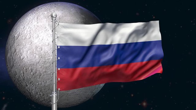 Russia flag on the moon. Russian moon space mission concept. Science background. 3d render