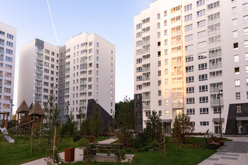 Residential buildings. Housing complex "White Nights". Landscaped yard with a playground.