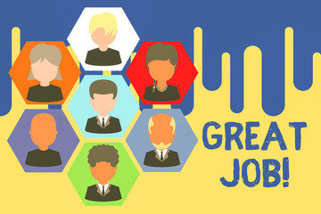 Text sign showing Great Job. Business photo showcasing used praising someone for something they have done very well Pictures frames chief executive and staff. Organization employees structure