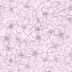 Hand drawn seamless pattern background line cherry blossom pink