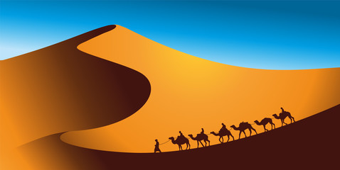 Camel caravan goes through the desert landscape. Vector illustration of Sahara or Namibia desert.