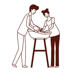 parents couple with little baby in bathtub