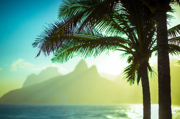 Fototapeta na wymiar Scenic sunset view of Two Brothers Mountain framed by silhouettes of palm trees in Ipanema Beach, Rio de Janeiro, Brazil 