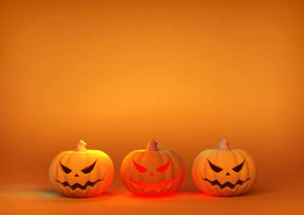 3D rendering Halloween pumpkin glowing on orange template BG