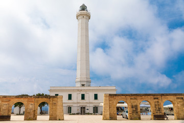 Italy, Apulia, Province of Lecce, Castrignano del Capo, Santa Maria di Leuca. Lighthouse at the Sanctuary, or Basilica, Santa Maria De Finibus Terrae ("End of the Land").