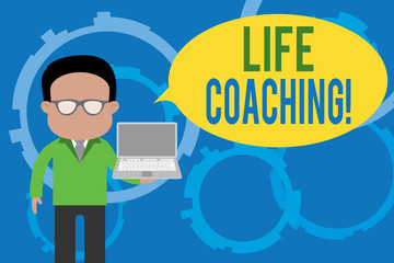 Word writing text Life Coaching. Business photo showcasing demonstrating employed to help showing attain their goals in career Standing man in suit wearing eyeglasses holding open laptop photo Art