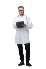 medical doctor with a clipboard. isolated on white