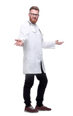 in full growth. friendly doctor with stethoscope inviting you