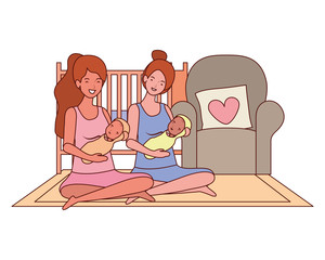 cute pregnancy mothers seated lifting little babies in the bedroom