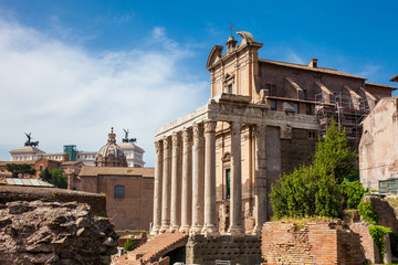 Fototapeta na wymiar Temple of Antoninus and Faustina at the Roman Forum in Rome