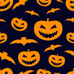 Seamless pattern. Pumpkins and bats on a blue background. Vector drawing. Halloween texture.