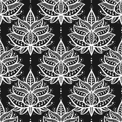 Ethnic Oriental Mehndi Lotus Flower Symbol Seamless Pattern. Black and White Ornamental Floral Pattern Vector Background