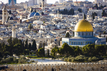 View from above, stunning view of the Jerusalem skyline with the beautiful Dome of the Rock (Al-Aqsa Mosque). Picture taken from the Mount of Olives adjacent to Jerusalem's Old City.