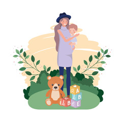 cute pregnancy mother with little boy in the camp