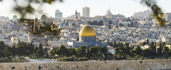View from above, stunning view of the Jerusalem skyline with the beautiful Dome of the Rock...