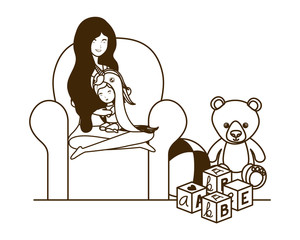 cute pregnancy mother with little girl seated in sofa