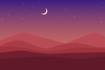 Colorful desert background. Night sky at desert and moon, star.