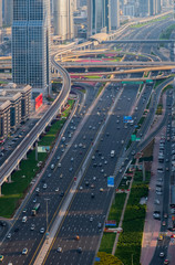 Dubai car traffic, busy Sheikh Zayed road. Dubai Downtown. United Arab Emirates. May 2019