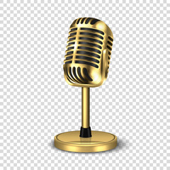 Vector 3d Realistic Steel Golden Retro Concert Vocal Microphone with Stand Icon Closeup Isolated on Transparent Background. Design Template of Vintage Karaoke Metal Mic. Front view