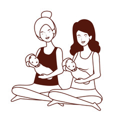 cute pregnancy mothers seated lifting little babies characters