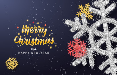 Fototapeta na wymiar Merry Christmas and happy new year greeting card vector design with Shining Snowflakes.